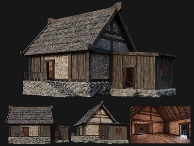 Traditional Ancient Building Design Featuring Thatched Roof Wooden Structure Stone Walls And Interior Details 3d model