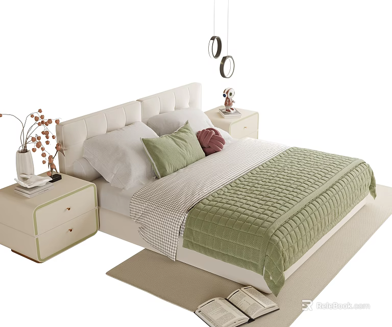 Children's Bed with Upholstered Headboard Green Quilt Pillows Bedside Tables Vase and Rug 3d model 