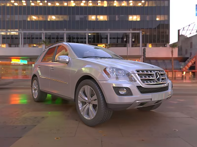 Silver Mercedes SUV Parked On City Street With Tall Buildings And Lights 3d model