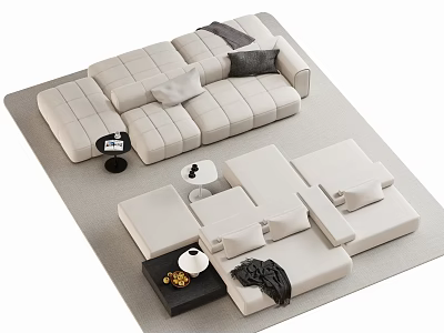 Modern Cream Colored Modular Sectional Sofa With Pillows And Coffee Tables In Living Room Setup 3d model