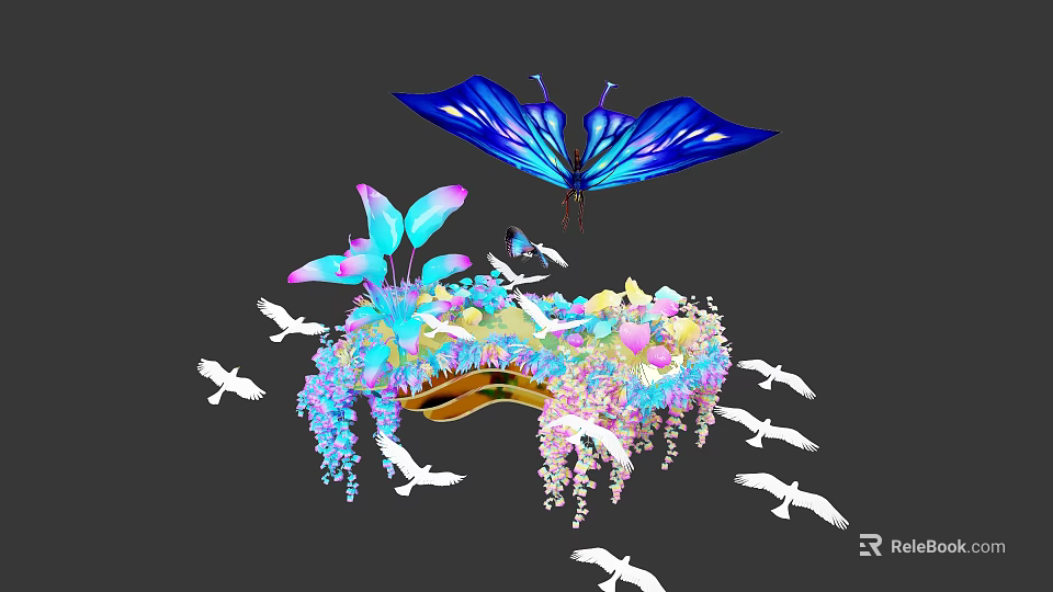 Vibrant Floral Display Featuring Blue Butterfly And White Birds 3d model 