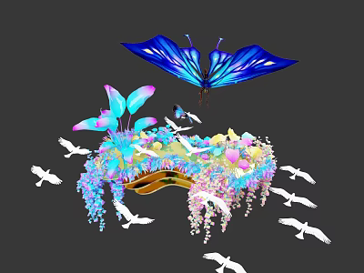 Vibrant Floral Display Featuring Blue Butterfly And White Birds 3d model