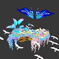 Vibrant Floral Display Featuring Blue Butterfly And White Birds