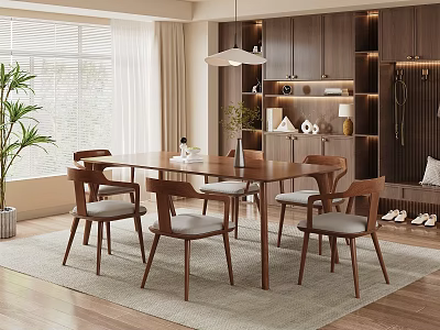 Modern Restaurant Interior With Wooden Dining Table Gray Cushioned Chairs Green Plant And Open Shelves 3d model