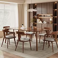 Modern Restaurant Interior With Wooden Dining Table Gray Cushioned Chairs Green Plant And Open Shelves