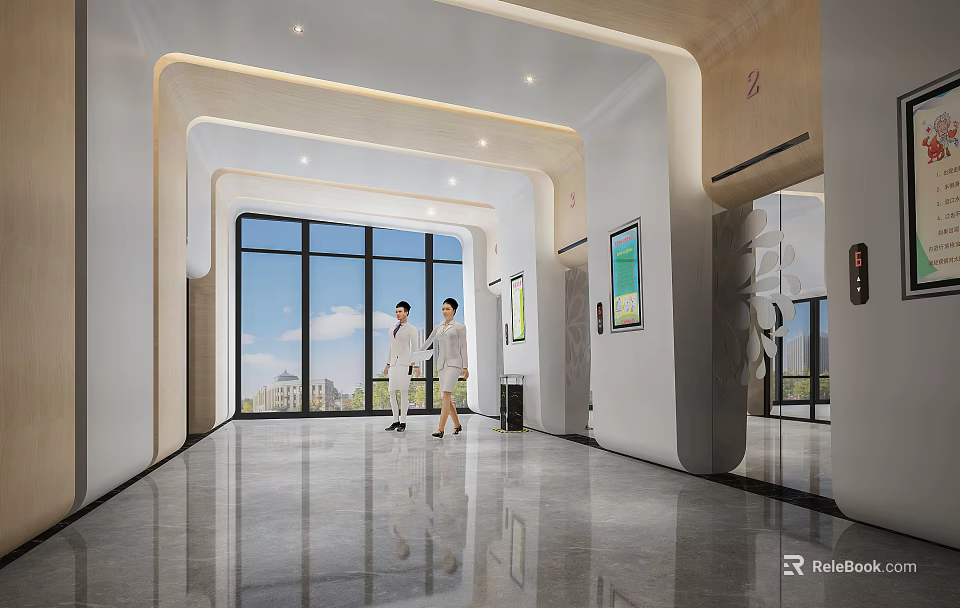 Modern Spacious Elevator Hallway With Large Windows Natural Light And Two People Walking 3d model