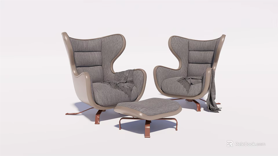 Gray Fabric Modern Single Sofa Set With Ottoman And Wooden Legs 3d model 