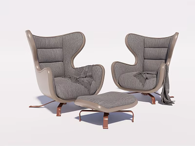 Gray Fabric Modern Single Sofa Set With Ottoman And Wooden Legs 3d model