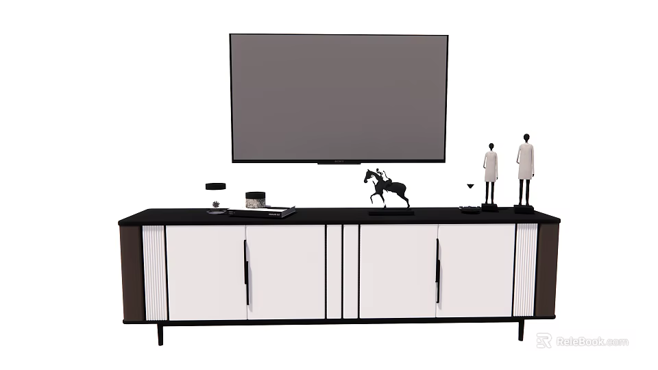 Modern TV Stand with TV Horse Decor Figurines and White Cabinets Design 3d model 