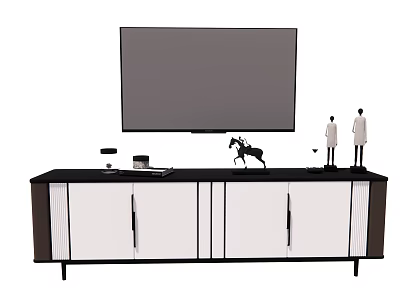 Modern TV Stand with TV Horse Decor Figurines and White Cabinets Design 3d model