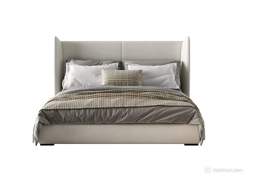 Modern Double Bed With Upholstered Headboard And Neutral Bedspread Pillows 3d model 