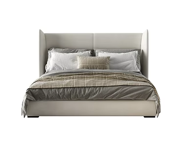 Modern Double Bed With Upholstered Headboard And Neutral Bedspread Pillows 3d model