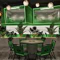 Tropical Modern Restaurant Interior Featuring Green Chairs Tables Moon Lights Thatched Umbrellas Indoor Plants