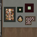 Wall Decor With Various Framed Artworks Abstract Patterns And Wooden Paneling 3d model