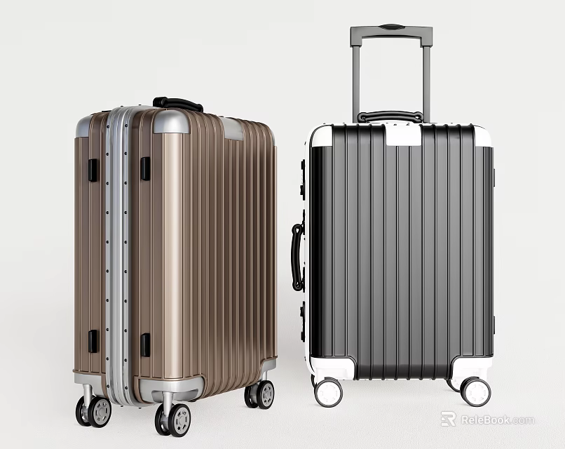 Two Stylish Brown And Black Hard Shell Suitcases With Retractable Handle And Rolling Wheels 3d model 