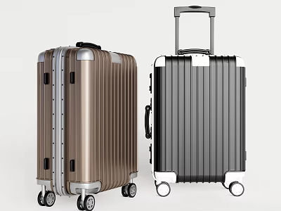 Two Stylish Brown And Black Hard Shell Suitcases With Retractable Handle And Rolling Wheels 3d model