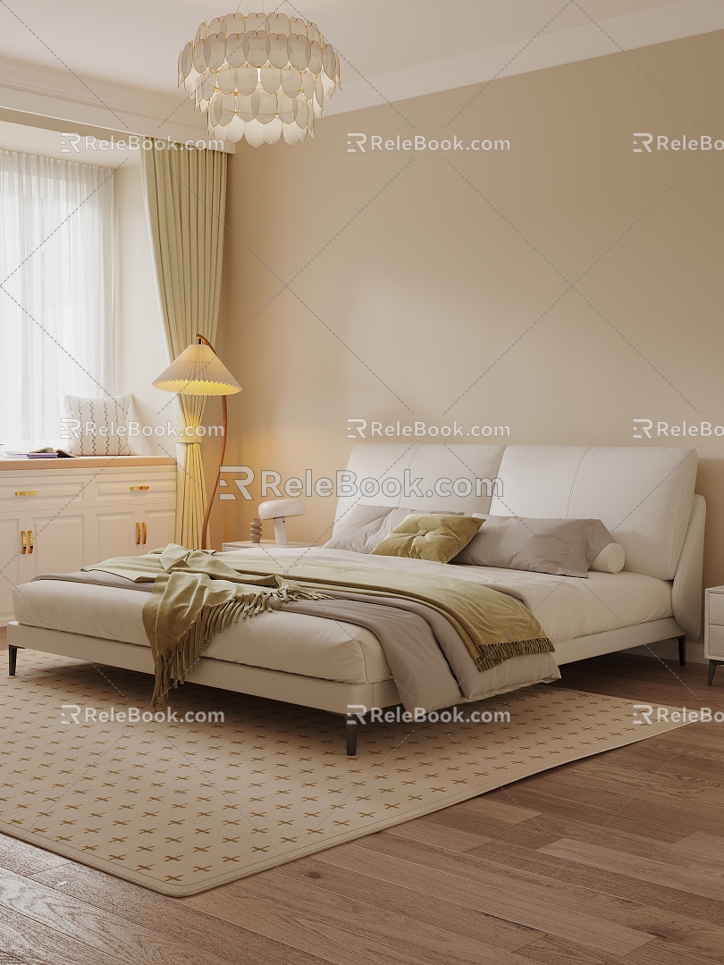 Bedroom Cream wind bed bedside table combination 3d model