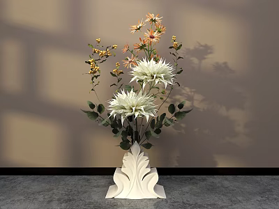 Window Display Decoration Featuring White Vase With Wavy Base And White Yellow Flowers 3d model