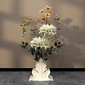 Window Display Decoration Featuring White Vase With Wavy Base And White Yellow Flowers