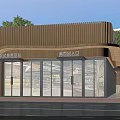 Modern Sales Office Building Featuring Wooden Facade Large Glass Windows And Landscaped Lawn Pathway
