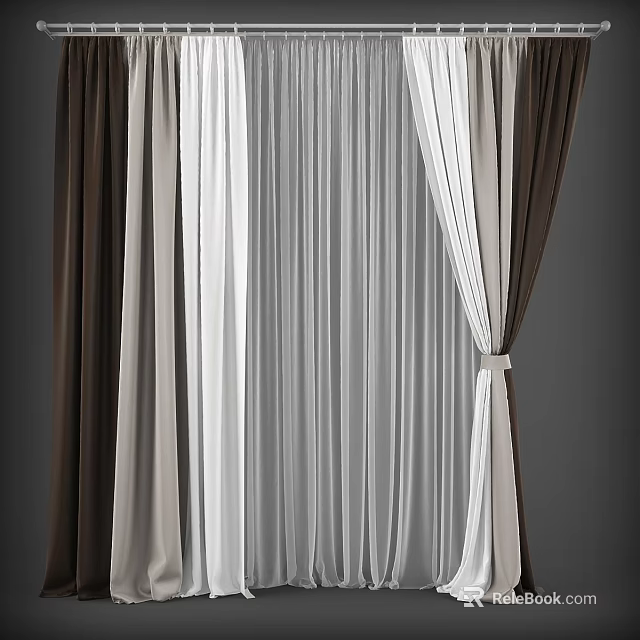 Brown And White Layered Curtains With Sheer Fabric And Tie Backs Interior 3d model 