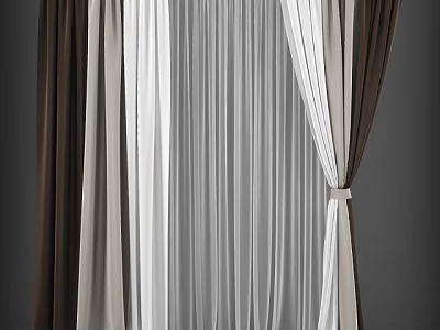 Brown And White Layered Curtains With Sheer Fabric And Tie Backs Interior 3d model
