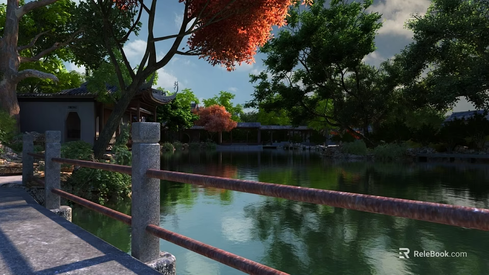 Scenic Landscape Bridge With Serene Pond Lush Trees Red Maple Leaves And Traditional Pavilion 3d model 