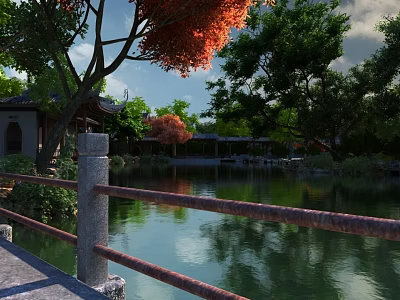Scenic Landscape Bridge With Serene Pond Lush Trees Red Maple Leaves And Traditional Pavilion 3d model