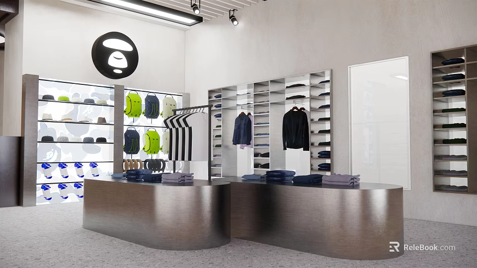 Modern Clothing Store Interior With Clothes Racks Hats Shoes Checkout Counter Lighting And Brand Logo 3d model 