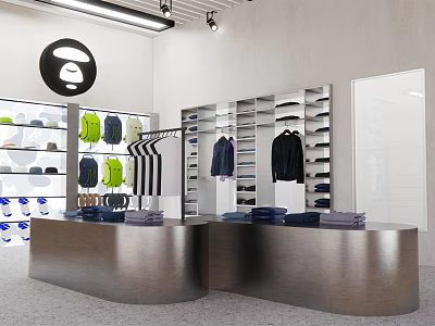 Modern Clothing Store Interior With Clothes Racks Hats Shoes Checkout Counter Lighting And Brand Logo 3d model