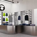 Modern Clothing Store Interior With Clothes Racks Hats Shoes Checkout Counter Lighting And Brand Logo