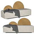 Multi Seater Sofa With Beige Upholstery Round Brown Backrests And Gray Throw Blanket