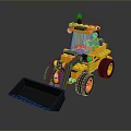 Yellow Toy Functional Vehicle with Front Loader Bucket Red Warning Light Transparent Windshield Black Wheels