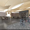 Traditional Exhibition Hall Interior With Wooden Ceiling Display Platforms And Chinese Signage