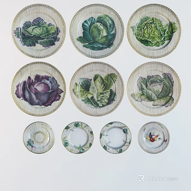 Plate Decoration With Vegetable Patterns Cabbage Lettuce Designs And Various Sizes Ceramic Plates 3d model