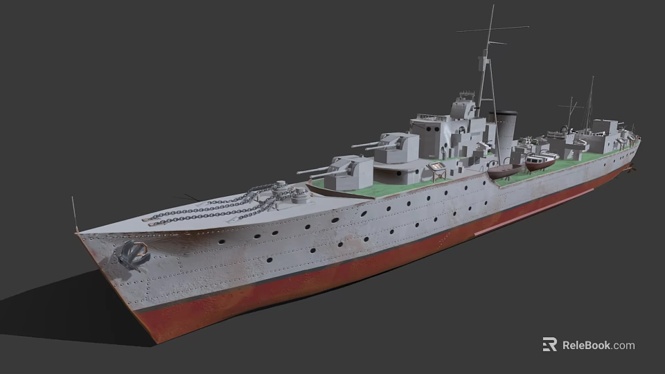 Gray Military Warship With Red Bottom Deck Turrets And Masts Structure 3d model 