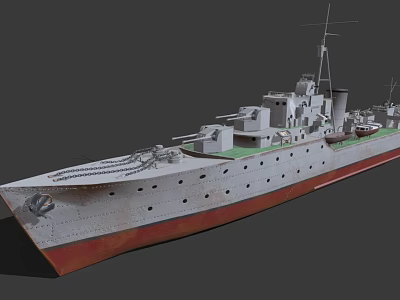 Gray Military Warship With Red Bottom Deck Turrets And Masts Structure 3d model