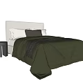 Modern Double Bed with Dark Green Quilt Gray Blanket Beige Headboard and Nightstand