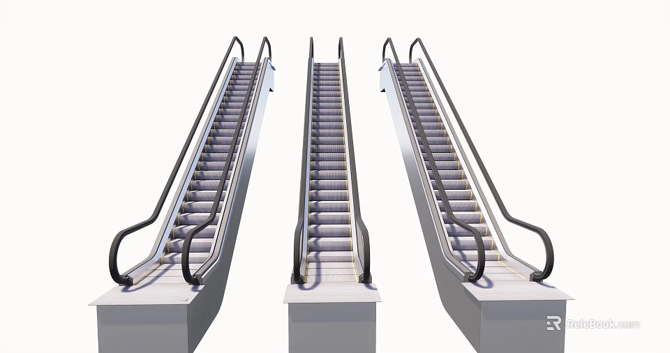 Three Escalators With Black Handrails And Metal Steps On Platform Design 3d model 