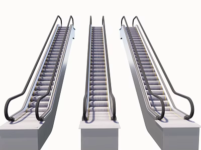 Three Escalators With Black Handrails And Metal Steps On Platform Design 3d model