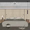 Cozy Beige Bedroom Interior With White Pillows Chandelier And Wooden Floor