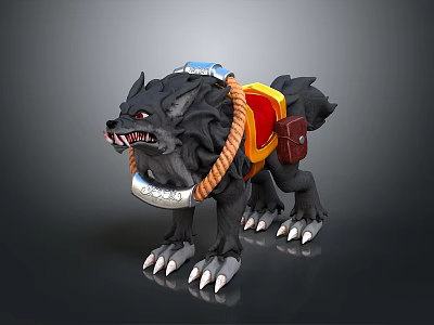 Wolf Sculpture Carving 3D Model With Red Saddle Orange Rope Silver Collar And Sharp Claws 3d model