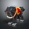 Wolf Sculpture Carving 3D Model With Red Saddle Orange Rope Silver Collar And Sharp Claws 3d model