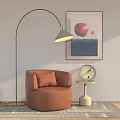 Orange Leather Armchair With Modern Floor Lamp Abstract Artwork And Round Side Table