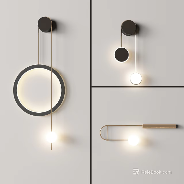 Modern Wall Lamps With Circular Light Rings Hanging Spheres And Sleek Metal Frames 3d model 
