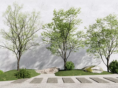 Trees in Landscape with Gray Wall Stone Path Small Shrubs and Rocks 3d model