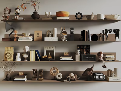Stylish Decorative Ornament Collection on Wooden Shelves with Figurines Vases Books and Sculptures 3d model