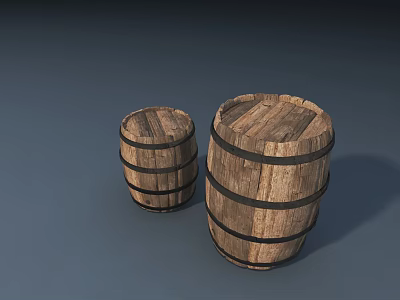 Decorative Wooden Barrel Ornament Set With Two Sizes Natural Wood Texture And Black Hoops 3d model