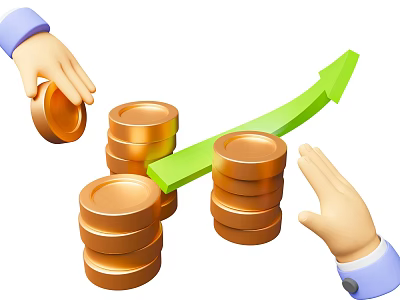 Hands Stacking Gold Coins With Upward Green Arrow Indicating Growth Trend 3d model
