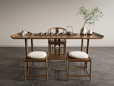 Wooden Chinese Style Tea Table And Chairs With Tea Set Vase And Padded Stools 3d model